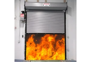 fire rated garage door in a commercial facility shown closing over flames during a fire safety demonstration