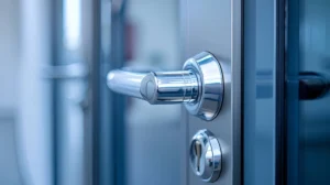 Close-up of commercial door locks on a modern entry door with a metal lever handle and keyed cylinder.