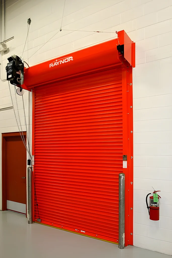 Red fire-rated rolling steel doors installed in a commercial building